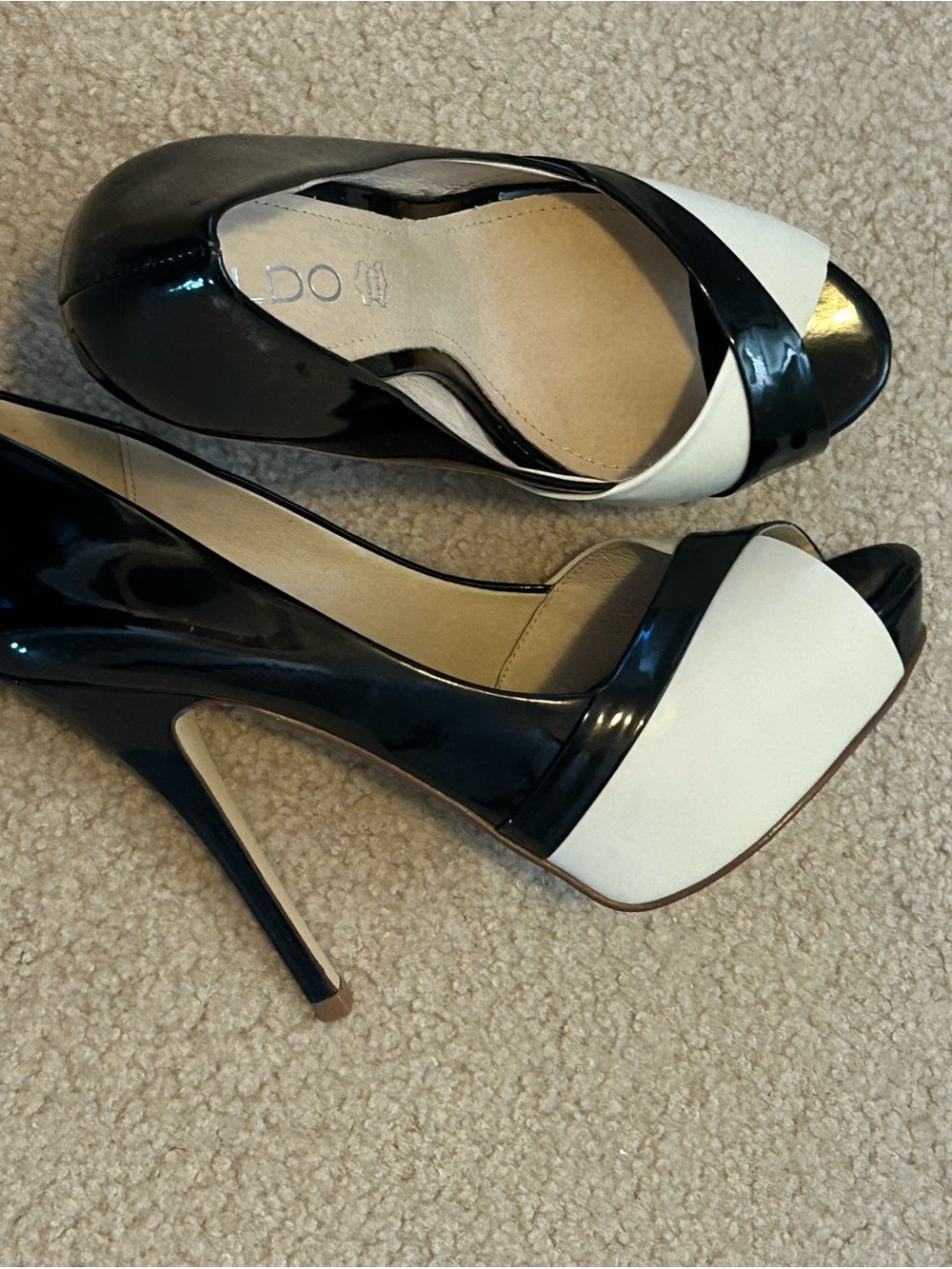 Aldo Black and White Patent Peep-Toe Heels